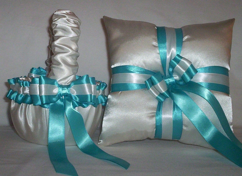 Ivory Cream Satin With Turquoise Ribbon Trim Flower Girl Basket And Ring Bearer Pillow Set 3 image 1