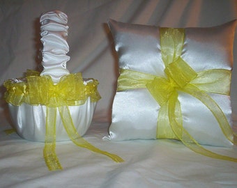 White Satin With Yellow Ribbon Trim Flower Girl Basket And Ring Bearer Pillow Set 1