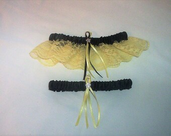 Black Satin / Light Yellow Lace - 2 Piece Wedding Garter Set - 1 To Keep / 1 To Throw