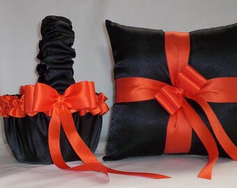 Black Satin With Orange Ribbon Trim flower girl basket and ring bearer pillow