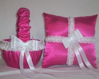 Fuchsia Hot Pink Satin With White Beaded Lace Trim  Flower Girl Basket And Ring Bearer Pillow Set 4