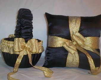 Black Satin With Gold Metalic Ribbon Trim  Flower Girl Basket And Ring Bearer Pillow Set 1