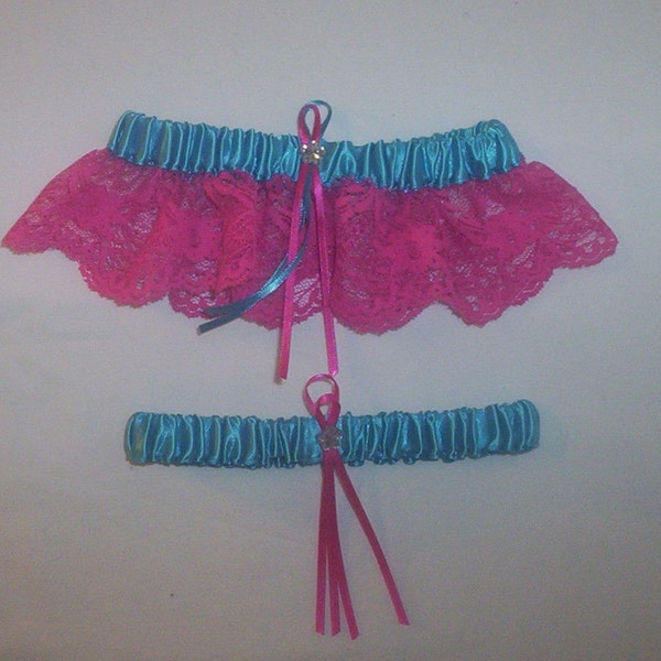 Turquoise Satin / Fuchsia Pink Lace - 2 Piece Wedding Garter Set - 1 To Keep / 1 To Throw
