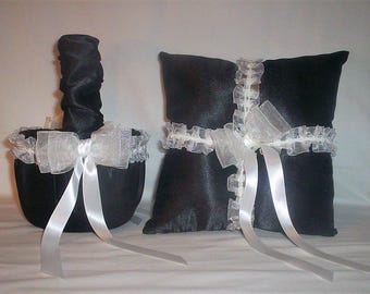 Black Satin With White Lace Trim  Flower Girl Basket And Ring Bearer Pillow Set 5
