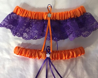 Orange Satin / Purple Lace - 2 Piece Wedding Garter Set - 1 To Keep / 1 To Throw