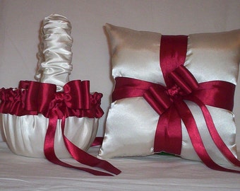 Special Order for Jessica Ivory Cream Satin With Candy Apple Red Ribbon 2 Baskets And 1 Pillow