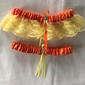 Orange Satin / Yellow Lace - 2 Piece Wedding Garter Set - 1 To Keep / 1 To Throw