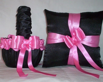 Black Satin With Hot Pink Ribbon Trim Flower Girl Basket And Ring Bearer Pillow