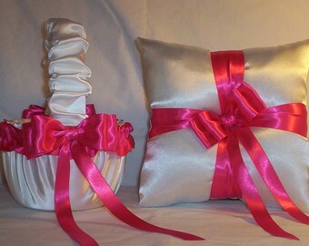 White Satin With Fuchsia Ribbon Trim Flower Girl Basket And Ring Bearer Pillow Set 2