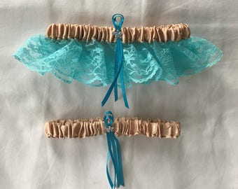 Champagne Satin / Turquoise Lace - 2 Piece Wedding Garter Set - 1 To Keep / 1 To Throw