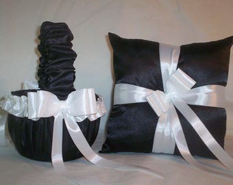 Black Satin With White Ribbon Trim  Flower Girl Basket And Ring Bearer Pillow Set 1