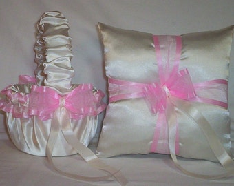 Ivory Cream Satin With Light Pink Ribbon  Flower Girl Basket And Ring Bearer Pillow Set 2