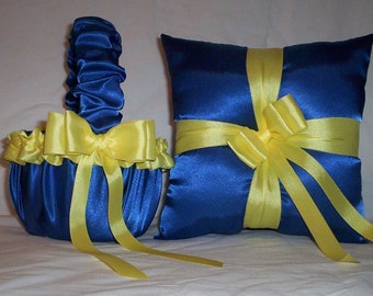 Blue Horizon Satin With Yellow Trim Flower Girl Basket And Ring Bearer Pillow