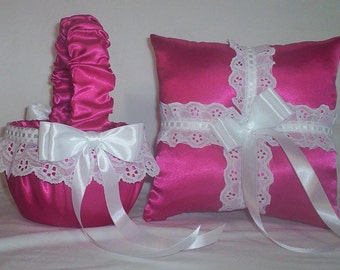 Fuchsia Hot Pink Satin With White Eyelet Lace Trim  Flower Girl Basket And Ring Bearer Pillow Set 1