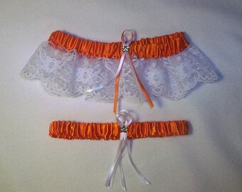 Orange Satin / White Lace - 2 Piece Wedding Garter Set - 1 To Keep / 1 To Throw