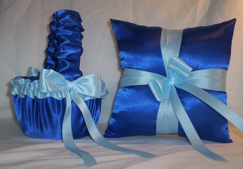 Blue Horizon Satin With Light Blue Ribbon Trim Flower Girl Basket And Ring Bearer Pillow Set 1 image 1