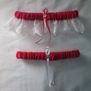 Red Satin / White Lace - 2 Piece Wedding Garter Set - 1 To Keep / 1 To Throw