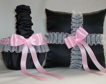 Black Satin With Light Pink Lace Trim Flower Girl Basket And Ring Bearr PIllow Set 2