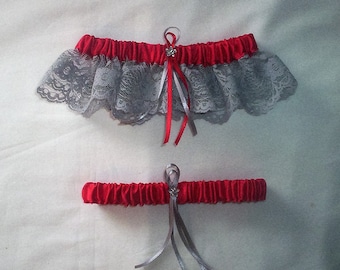 Red Satin / Silver Lace - 2 Piece Wedding Garter Set - 1 To Keep / 1 To Throw