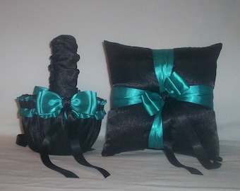 Black Satin With Teal Ribbon Trim Flower Girl Basket And Ring Bearer Pillow Set 1