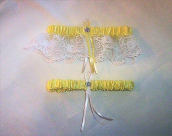 Light Yellow Satin / White Lace - 2 Piece Wedding Garter Set - 1 To Keep / 1 To Throw