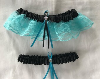 black Satin / Turquoise Lace - 2 Piece Wedding Garter Set - 1 To Keep / 1 To Throw