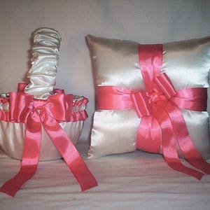 Ivory Cream Satin With Coral Ribbon Trim Flower Girl Basket And Ring Bearer Pillow Bild 1