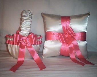 Ivory Cream Satin With Coral Ribbon Trim Flower Girl Basket And Ring Bearer Pillow