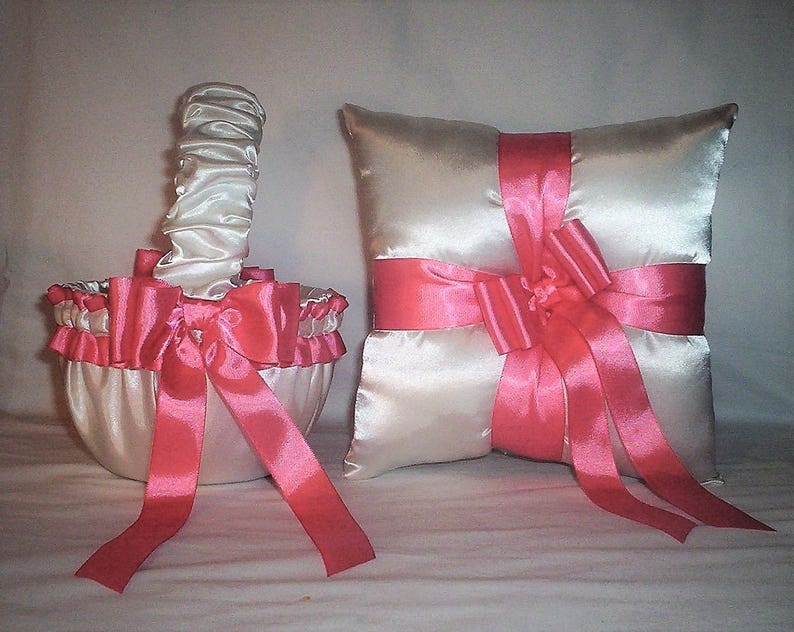 Ivory Cream Satin With Coral Ribbon Trim Flower Girl Basket And Ring Bearer Pillow Bild 1