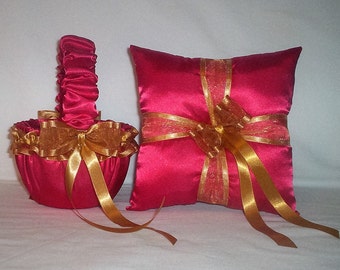 Red Satin With Gold Ribbon Trim  Flower Girl Basket And Ring Bearer Pillow Set 1