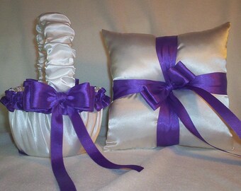 White Satin With Purple Satin Ribbon Trim Flower Girl Basket And Ring Bearer Pillow