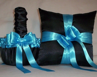 Black Satin With Turquoise  Blue Ribbon Trim  Flower Girl Basket And Ring Bearer Pillow  Set   2