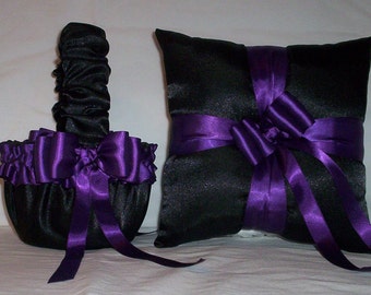 Black Satin With Regency Purple Ribbon Trim  Flower Girl Basket And Ring Bearer Pillow