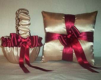 Champagne Satin With Candy Apple Red Trim Flower Girl Basket And Ring Bearer Pillow