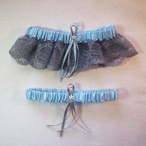 Light Blue Satin /  Silver Lace - 2 Piece Wedding Garter Set - 1 To Keep / 1 To Throw