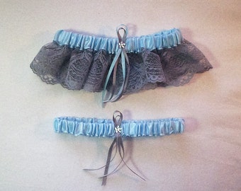 Light Blue Satin /  Silver Lace - 2 Piece Wedding Garter Set - 1 To Keep / 1 To Throw