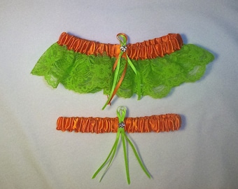 Orange Satin / Apple Green Lace - 2 Piece Wedding Garter Set - 1 To Keep / 1 To Throw