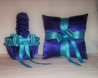 Purple Satin With Turquoise Ribbon Trim Flower Girl Basket And Ring Bearer Pillow