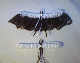 White Satin / Chocolate Brown Lace - 2 Piece Wedding Garter Set - 1 To Keep / 1 To Throw