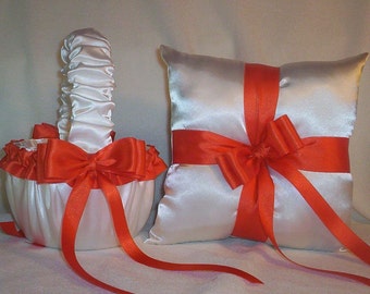 White Satin With Orange Ribbon Trim Flower Girl Basket And Ring Bearer Pillow