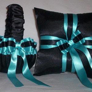 Black Satin With Turquoise Trim Flower Girl Basket And Ring Bearer Pillow Set 3 image 1