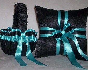 Black Satin With Turquoise  Trim  Flower Girl Basket And Ring Bearer Pillow Set 3