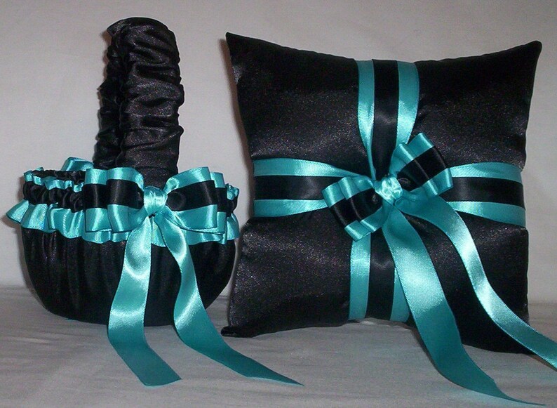 Black Satin With Turquoise Trim Flower Girl Basket And Ring Bearer Pillow Set 3 image 1