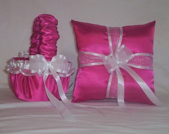 Fuchsia Hot Pink Satin With White Ribbon Trim  Flower Girl Basket And Ring Bearer Pillow Set 3