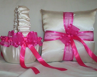 Ivory Cream Satin With Fuchsia Pink Ribbon Trim Flower Girl Basket And Ring Bearer Pillow Set 1