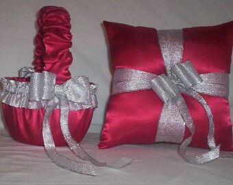 Red Satin With Silver Metallic Ribbon Trim  Flower Girl Basket And Ring Bearer Pillow Set 1