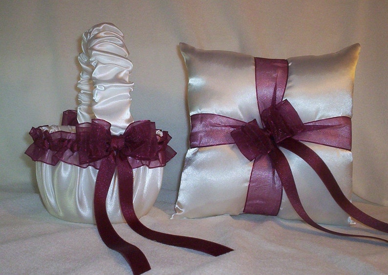 White Satin With Burgandy Ribbon Trim Flower Girl Basket And Ring Bearer Pillow Set 2 image 1