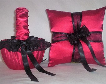 Red Satin With Black Lace  Flower Girl Basket And Ring Bearer Pillow Set 1