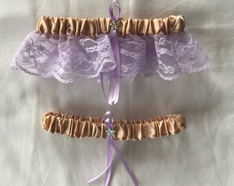 Champagne Satin / Lavender Lace - 2 Piece Wedding Garter Set - 1 To Keep / 1 To Throw