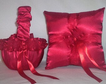 Red Satin With Red Ribbon Trim Flower Girl Basket And Ring Bearer Pillow